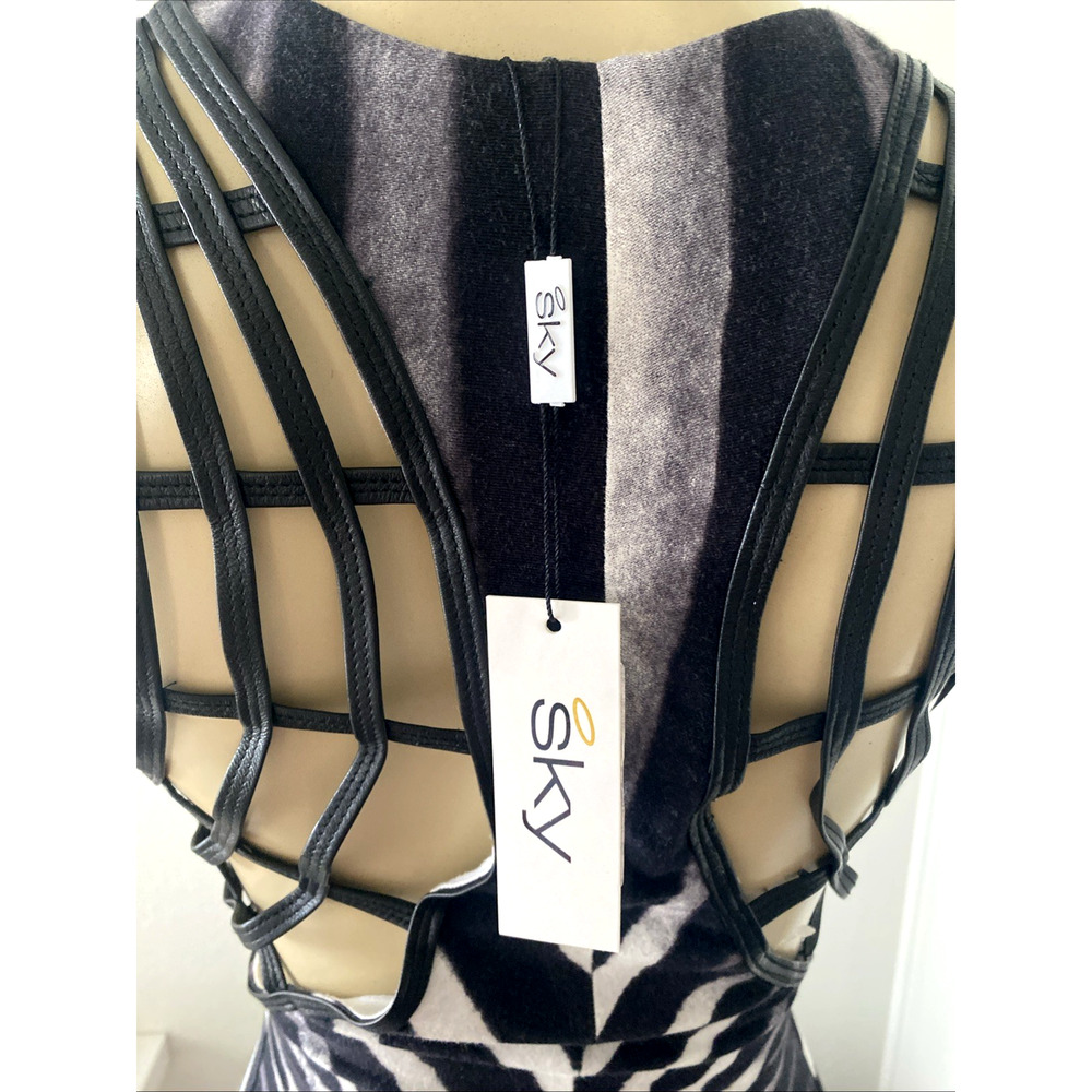 NWT SKY Dress Scoop Sleeveless Maxi Ruched Zebra Animal Print Cut Out Leather M - Picture 9 of 13